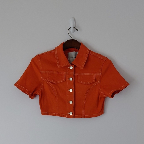 Orange Cropped Button-Up Jacket - Picture 1 of 12